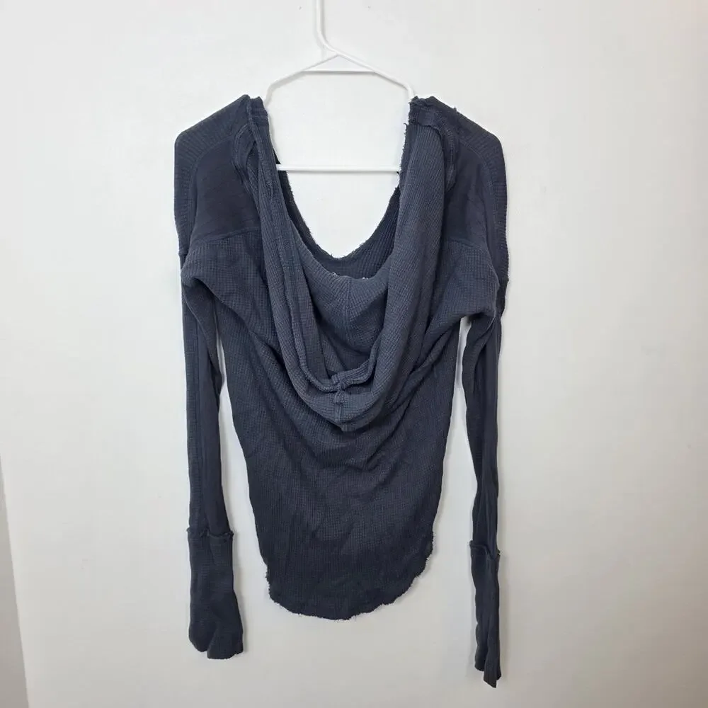 Free People Navy Waffle Knit Thermal Minimalist Hooded Long Sleeve Shirt Size S - Picture 5 of 6
